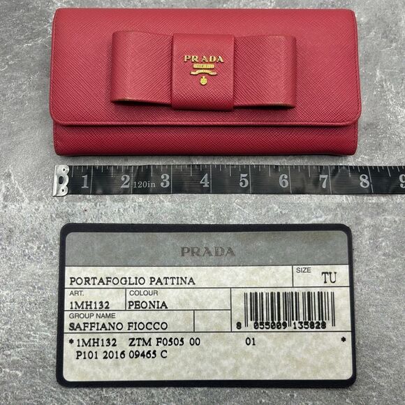 Prada Saffiano Leather Bow Continental Wallet Pink With ID Holder Bifold - Picture 14 of 16